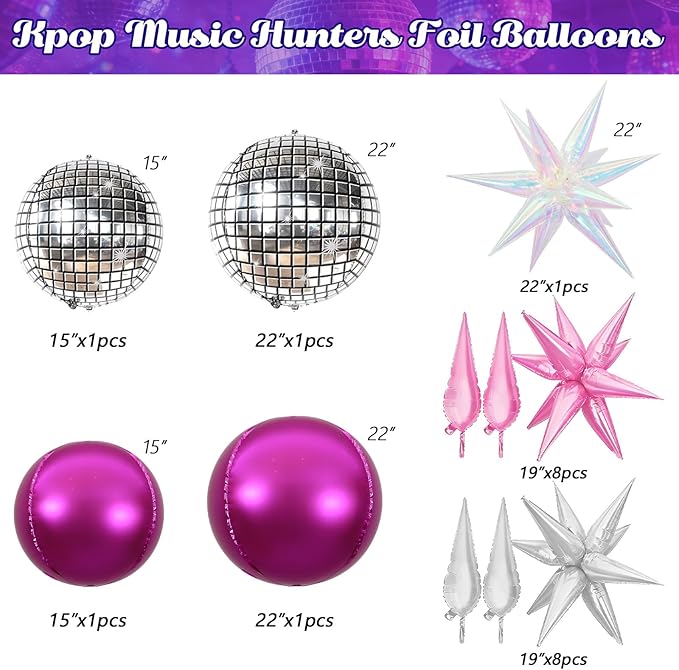 JOGAMS 172Pcs K-Pop Music Balloon Arch Kit, Metallic Silver Purple Pink Balloons Garland with Iridescent Star Disco Foils Balloons for Concert-Style Birthday Idol Showcase Fan Support Party Decor