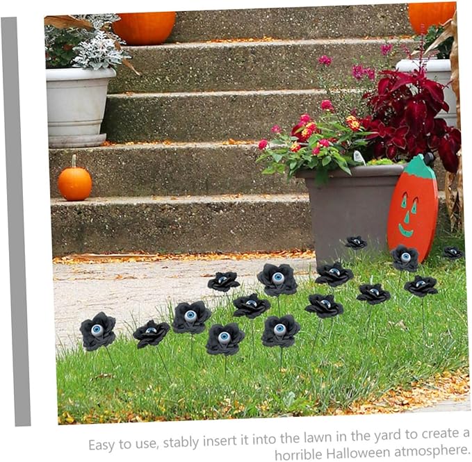 balacoo Halloween Yard Decorations 4pcs Black Rose Sign Stakes Eyeball Flowers Outdoor Decor