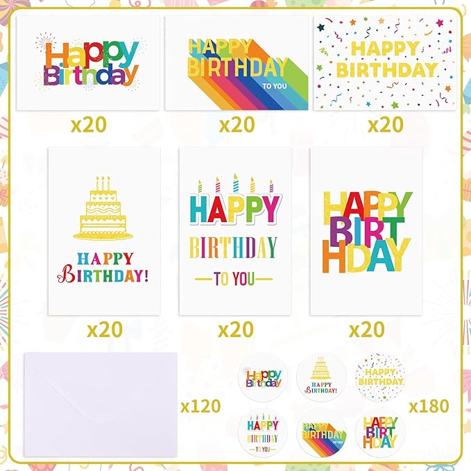 Hooqict 120 Pack Assorted Gold Happy Birthday Cards Bulk with Envelopes and Stickers 4x6 Inch Thick Card Stock Blank Birthday Card Set for Kids Girls Boys Men Women Family Classroom Office Business