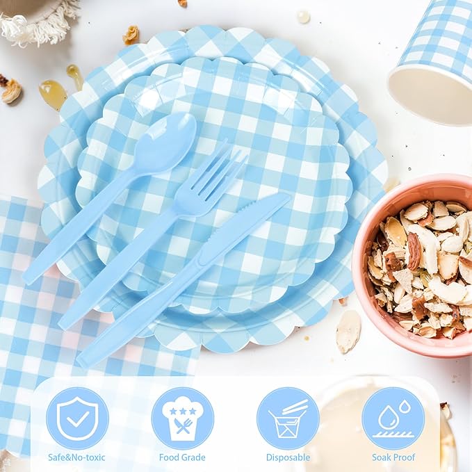168PCS Party Plates, Blue Scalloped Gingham Paper Plates and Cups and Napkins Sets Party Supplies for Birthday Wedding Bridal Shower Baby Shower Picnic, Serve for 24 Guests, Blue
