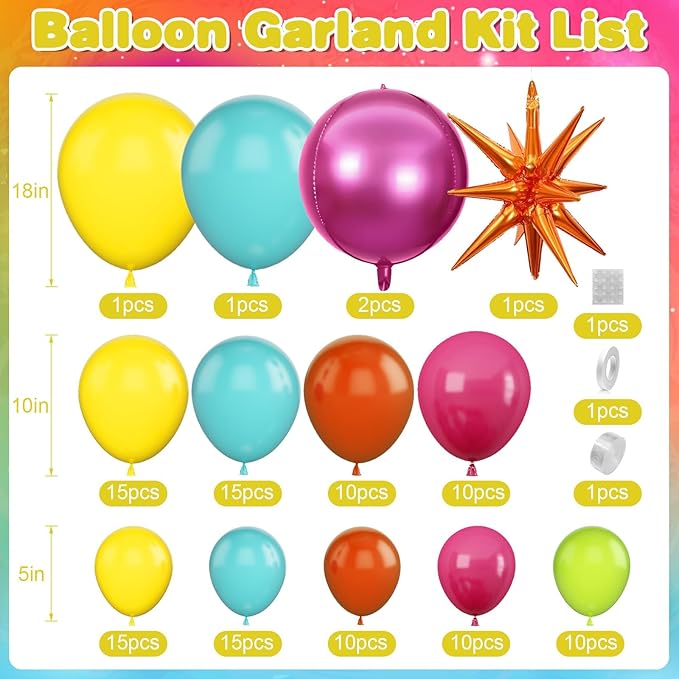 Tropical Balloon Arch Garland Kit with Hot Pink Teal Blue Green Orange Star Balloons Round Balloons for Girls Birthday Hawaiian Luau Summer Tropical Fiesta Party Decorations