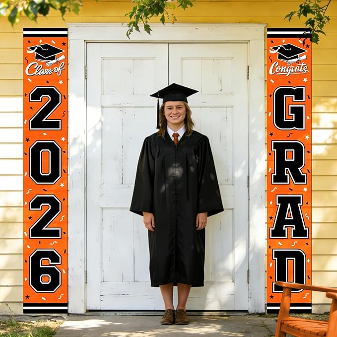 2026 Graduation Decorations,Congrats Grad Banner Backdrop for Class of 2026 Decorations- Orange Graduation Party Decorations
