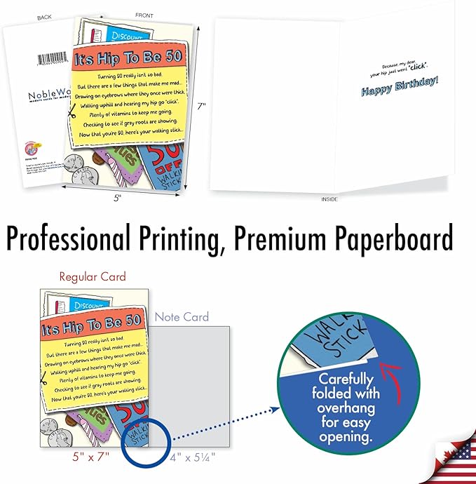 NobleWorks 50th Birthday Greeting Card with 5 x 7 Inch Envelope (1 Card) Bday Hip Click 0909