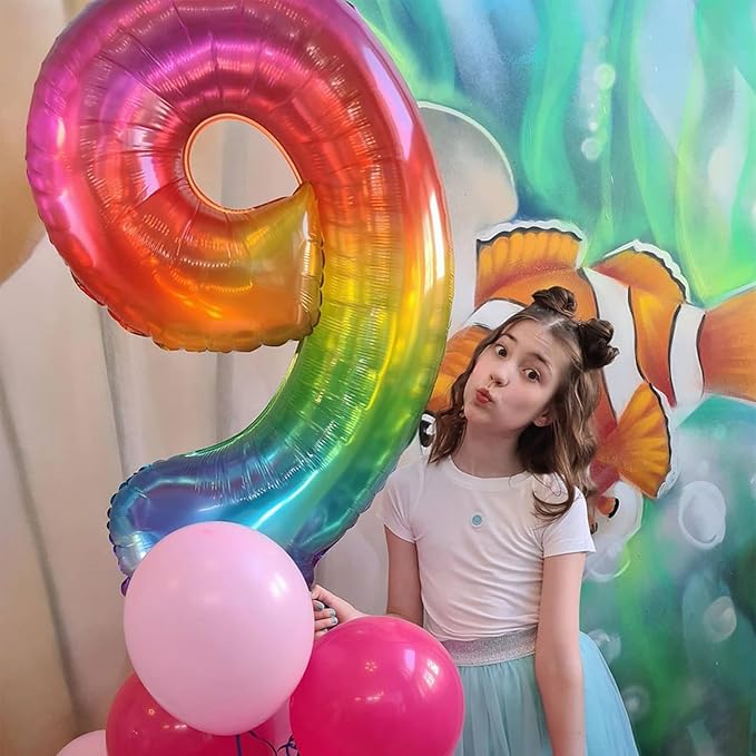 40 Inch Rainbow Number Balloon 9, Large Number Foil Balloons Mylar for Girl Boy Birthday Party Celebration Decorations Supplies, Digital Balloons for Wedding Anniversary Events Decorations