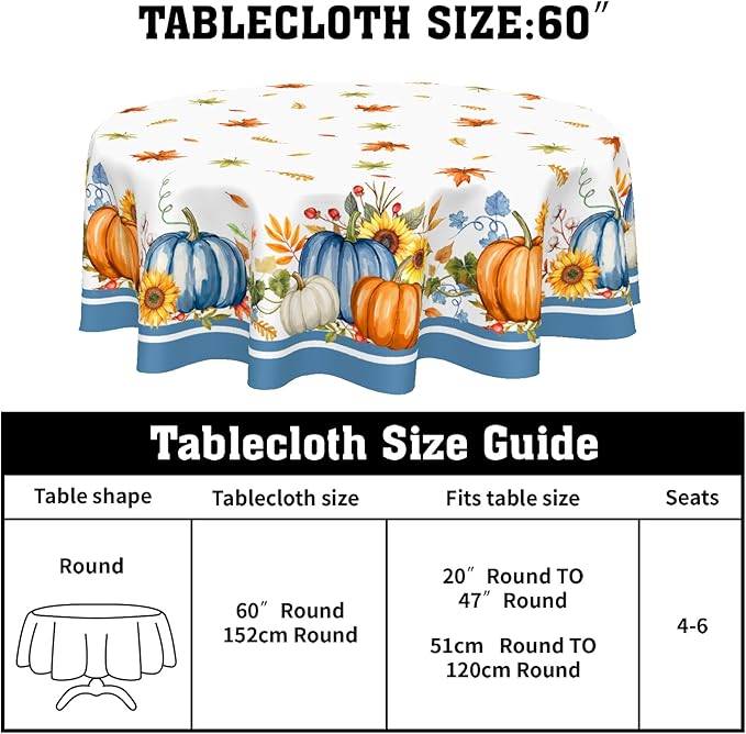 Fall Round Tablecloth 60 Inch Autumn Orange Pumpkin Outdoor Table Cloth Thanksgiving Tablecloth Maple Leaf Table Cover for Kitchen Dinner Room Holiday Party Home Decor