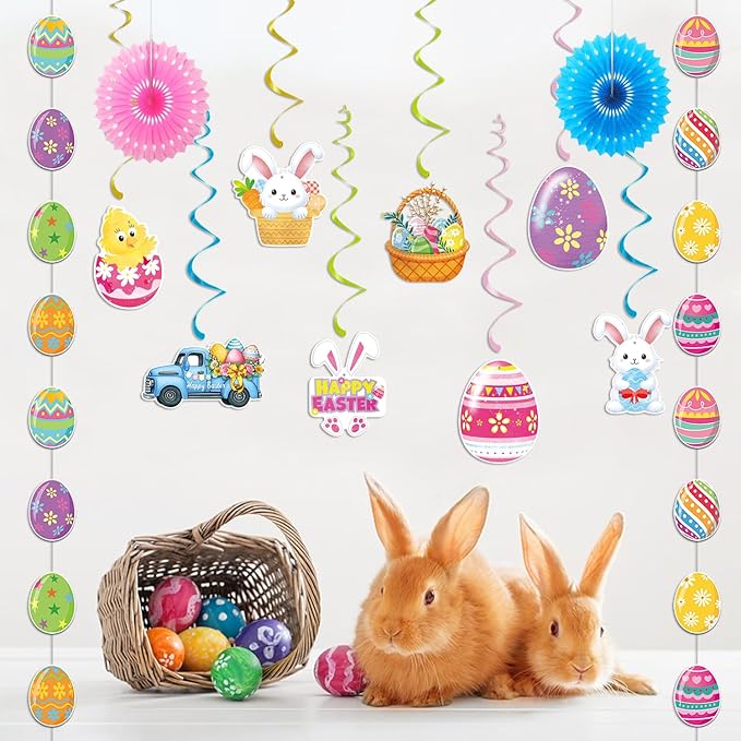 YEIRFYY Easter Decorations Set Happy Easter Banner Colorful Egg Garland Bunny Hanging Swirl Decorations Welcome Porch Banner Spring Paper Fan for Home School Fireplace Ceiling Party Decorations
