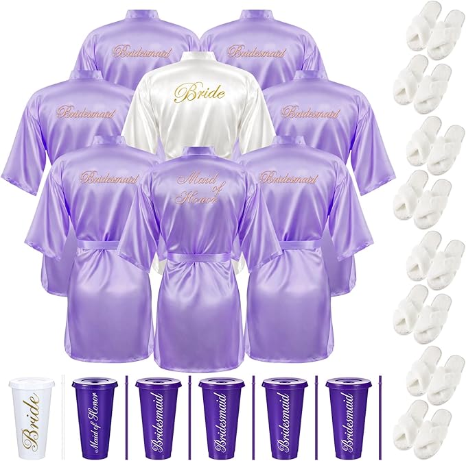 Bonuci 24 Pcs Bridesmaid Bride Robes Set of 8 Bridal Satin Robes Fluffy Slippers Drinking Cups for Wedding Bachelorette Party