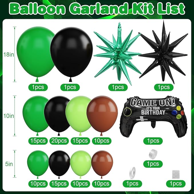 Video Game Balloon Arch Garland Kit with Green Black Brown Balloons Star Foil Balloon for boys Video Game Birthday Decorations