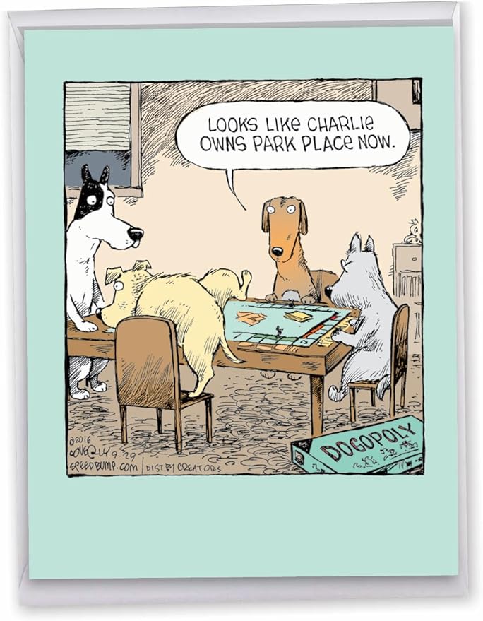 NobleWorks - 1 Big Funny Birthday Card Cartoon (8.5 x 11 Inch) - Jumbo Dog Comic Humor, Group Greeting Card with Envelope - Dogopoly J3986BDG