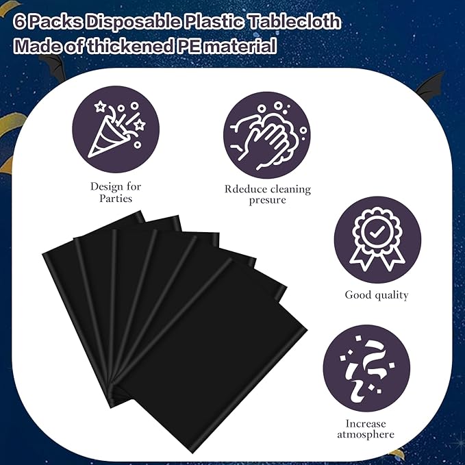mwellewm 6 Pcs Black Plastic Tablecloth 54 x 72 Inch Disposable Table Cloths, Party Decorations Rectangle Plastic Cover Tablecloth for Graduation Picnic Home Decor Indoor or Outdoor Parties Birthday