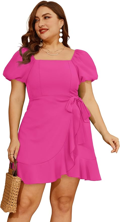 Sampeel Womens Summer Dresses Square Neck Puff Sleeve Tie Waist Short Dress