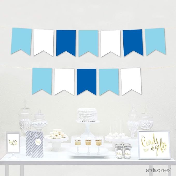 Andaz Press Hanging Pennant Banner with String, Royal Blue, White, Baby Blue, 1-Set, 24 Pennants, Approx. 12-Feet Long, Kids Airplane Birthday Theme Colored Supplies