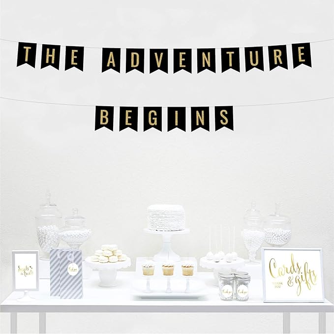 Andaz Press Faux Gold Glitter on Black Funny Retirement Party Banner Decorations, The Adventure Begins, Approx 5-Feet, 1-Set, Birthday Wedding Baby Shower Colored Hanging Pennant Decor