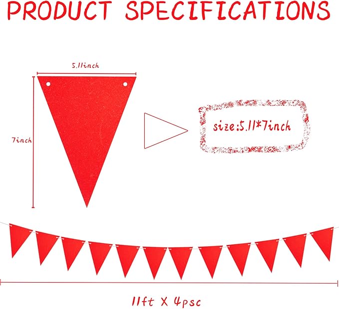 44ft Red Party Decorations, Hanging Glitter Paper Triangle Flag DIY Banner for Christmas Party Decorations for Decor Graduation Carnival Bachelorette Engagement Wedding Birthday Baby Bridal Shower