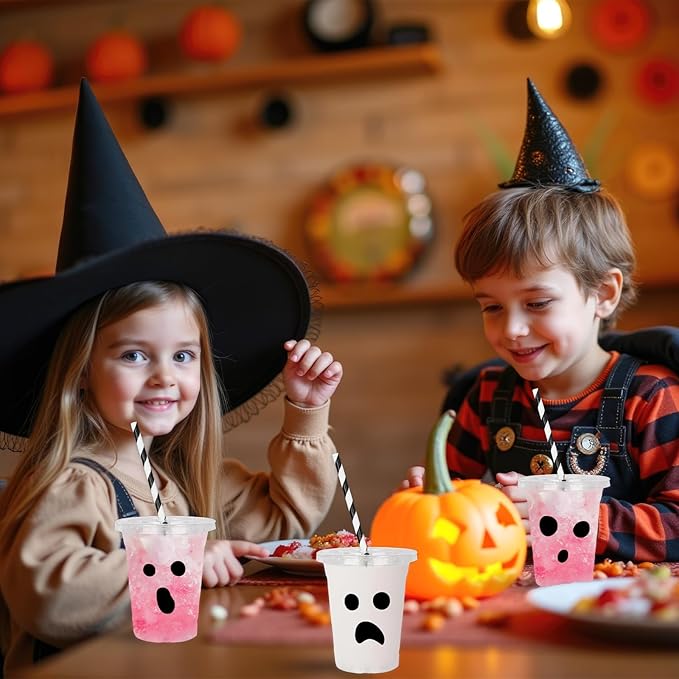 Whaline 60Pcs 12Oz Halloween Disposable Plastic Cups with Lids and Straws Black Spooky Ghost Cold Beverage Drinking Cups for Trick or Treat Birthday Party Supplies