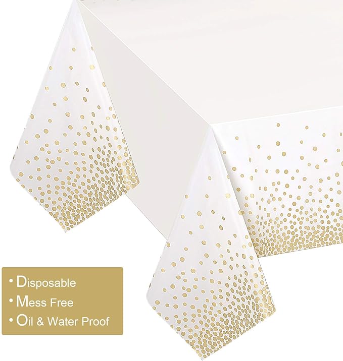 Gexolenu 4 Pack White & Gold Dot Plastic Tablecloth for Rectangle Tables(54" x 108"), Disposable Table Cloth for Birthday, Wedding, Baptism Decorations, Engagement Party Decorations