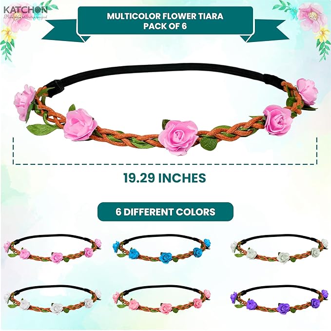 KatchOn, Multicolor Flower Headband- Pack of 6 | Rose Bohemian Flower Crown Headbands for Women and Girls | Bohemian Fairy Ribbon Hair Band for Wedding, Vacation, Fairy Party Photography Props