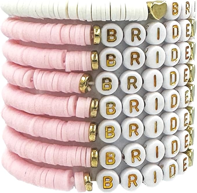 Bachelorette Party Favors, Wedding Gifts, 8 Pcs 6.7 inch Pink Bride Tribe Bead Bracelet Preppy Bracelet Stretch for Adults Women Bridal Shower Decorations Boho Disc Party Beach Supplies (1White + 7Pink)