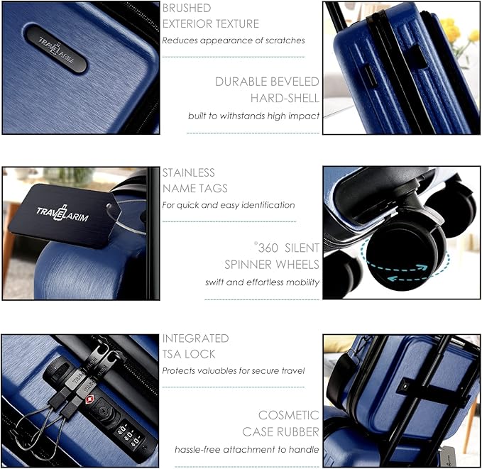 TRAVELARIM 20 Inch Carry On Luggage 22x14x9 Airline Approved, Carry On Suitcase with Wheels, Hard-shell Carry-on Luggage, Durable Luggage Carry-On, Navy Small Suitcase with Cosmetic Case