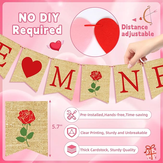 4PCS Pre-strung Valentine’s Day Banner, Valentine’s Day Decorations Include NO DIY Valentines Banner Heart XO Felt Sign Heart Garlands for Home Mantle Fireplace Wall Decor