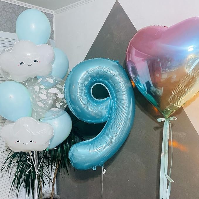 40 Inch Light Blue Number Balloon 9, Large Baby Blue Number 9 Balloons for Birthday Party Decorations, Blue Foil Mylar Birthday Balloons