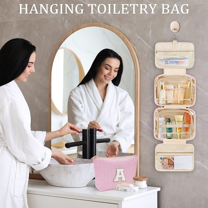 YOOLIFE Hanging Toiletry Bag for Women - Large Travel Toiletry Bag Makeup Bag, Portable Toiletries Cosmetic Bag, Airplane Travel Essentials - Letter N, Purple
