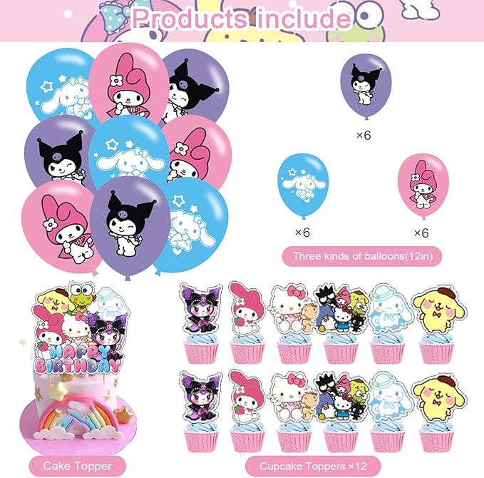 𝓢𝓪𝓷𝓻𝓲𝓸 birthday party supplies,Cute Anime party including cake caps, cupcake caps, flags, Latex Balloons, It is very suitable for birthday party supplies.