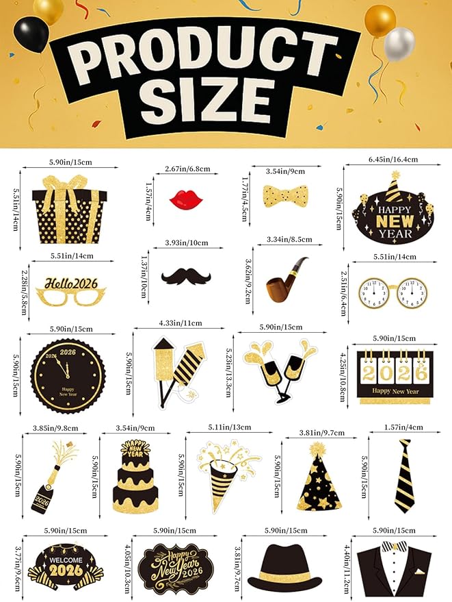 New Years Eve Party Supplies 2026 – 65 PCS Celebration Kit with Headbands, Cone Hats, Glasses, Necklaces, Noise Makers, Photo Booth Props & Wristbands – Gold Silver Happy New Year Decorations