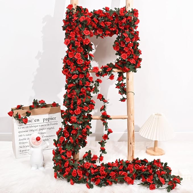 BLEUM CADE 12Pcs 98.4Ft Flower Garland Artificial Rose Vines for Bedroom, Cute Fake Hanging Flower Vines Floral Garland Decorations for Wedding Party Wall Room Decor Aesthetic