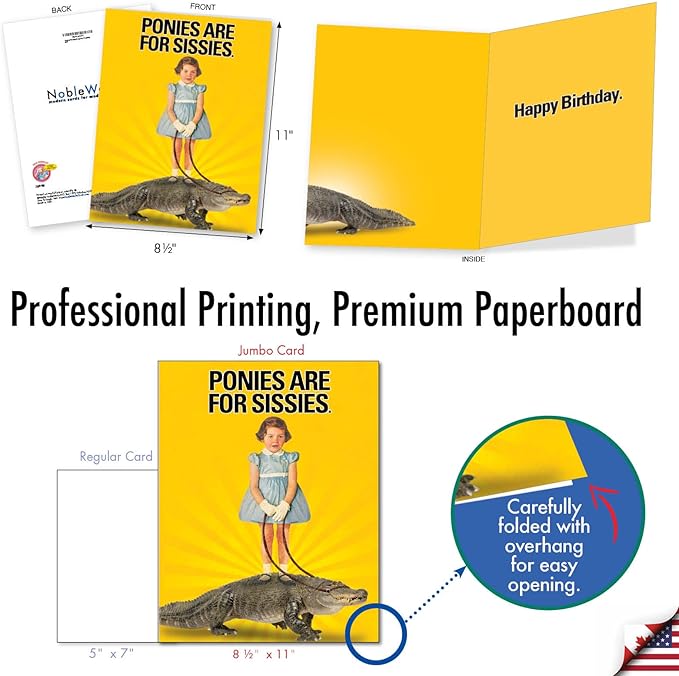 NobleWorks - 1 Jumbo Funny Card for Birthdays (8.5 x 11 Inch) - Cartoon Joke, Humor Bday Card with Envelope - Ponies for Sissies J8948