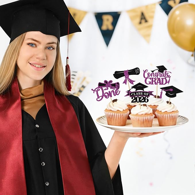 2026 Graduation Cupcake Toppers, 36 pack Purple Glitter Class of 2026 Congrats Grad Diploma Grad Cap Cupcake Picks for 2026 Graduation Party decorating Supplies