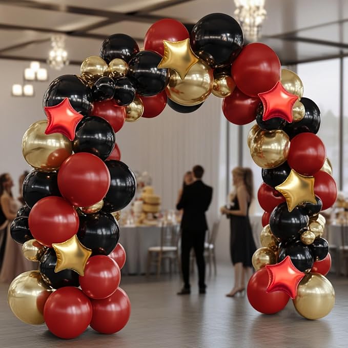 Red Gold Black Balloon Garland Arch Kit, 160Pcs Black Red Gold Latex Balloons with Star Foil Balloons for Anniversary Casino Night New Years Hollywood Movie Night Birthday Party Decorations