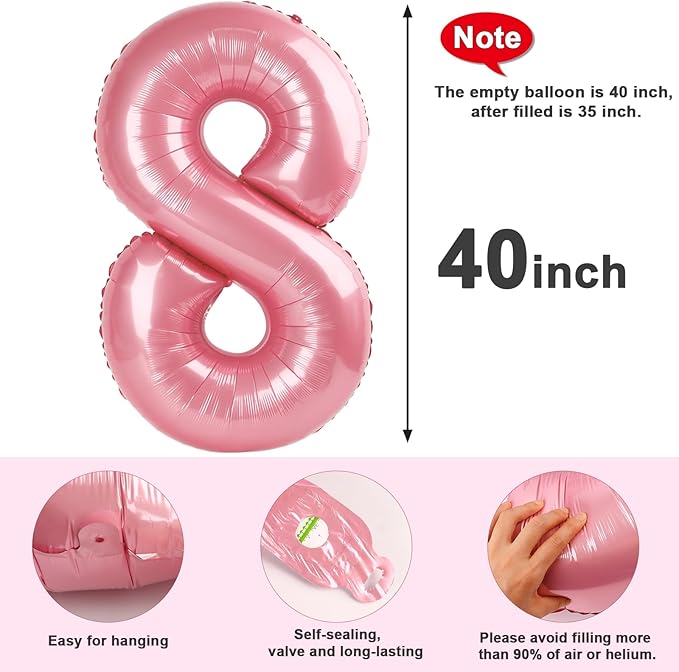 40 Inch Number 8 Balloon, Pearl Pink 8 18 28 80 Birthday Balloons for Men Boys, 8th Birthday Decorations Party Supplies, Wedding, Graduations