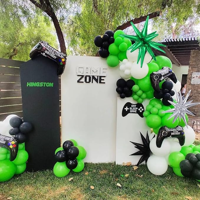 144Pcs Video Game Balloon Arch Garland Kit Green Black Silver Explosion Star Game Controller Mylar Balloons for Boys Kids Game On Level Favor Theme Birthday Party Decorations