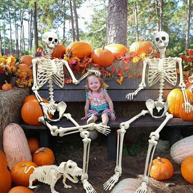 WODMAZ 5.4Ft Posable Halloween Skeleton, Full Body Life Size Skeleton with Dog Skeleton for Halloween Spooky Party Props Decor