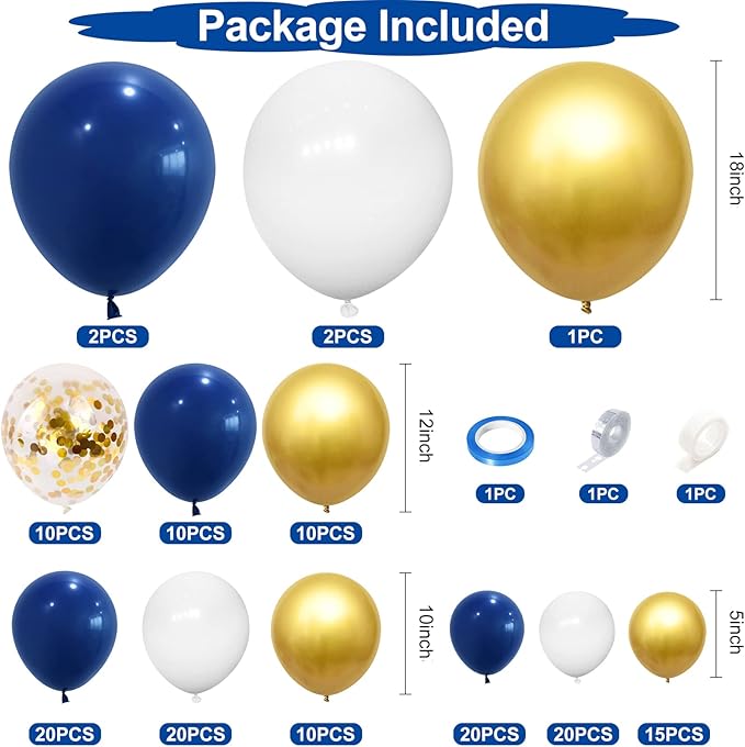 145PCS Navy Blue Gold and White Balloons Garland Arch Kit, 18 12 10 5 inch Navy Blue, White, Metallic Gold and Confetti Balloons Garland, Matte Balloons for Baby Shower, Birthday, Graduation, Wedding