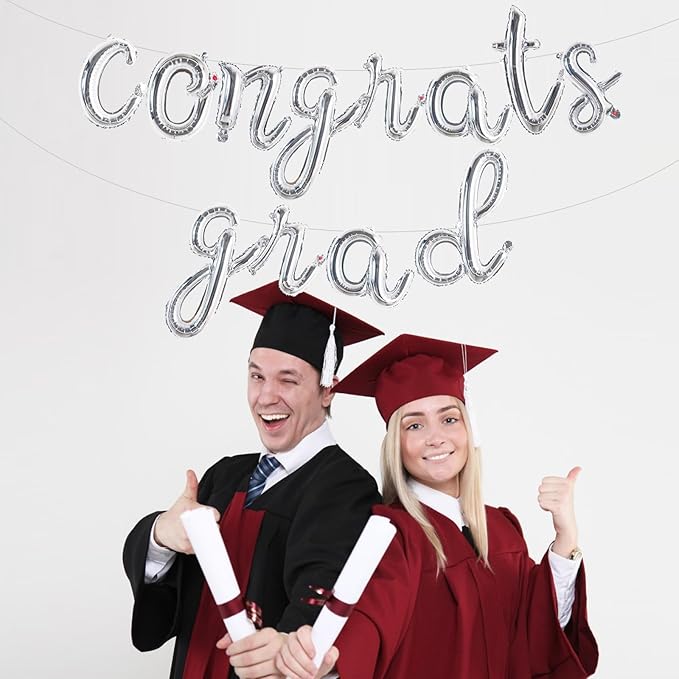 TONIFUL 2026 Congrats Grad Balloons - 16 Inch Cursive Silver Congrats Foil Balloons Banner Reusable Material for Graduation Party Graduate Congratulations 2026 Congrats Grad Decorations