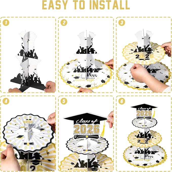 Set of 2 Graduation Cupcake Stand for 50 Cupcakes Black Gold Graduation Cap Decorations Cardboard Cake Dessert Holder Tower for Class of 2026 Congrats Grad Party Supplies