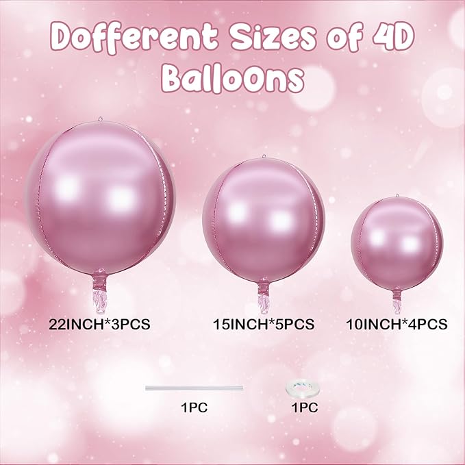 12PCS Pearl Pink Round Foil Balloons, 22" 15" 10" Large 4D Ball Balloons Metallic Pink Mirror Sphere Balloon for Graduation Valentines Day Wedding Women Girls Birthday Party Ceiling Decorations