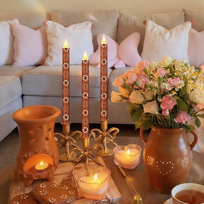 Honoson 6 Pcs Cielito Lindo Flameless Taper Candle 10.6 Inch Mexican LED Candles Terracotta Battery Operated Candlestick for Mexican Barro Home Decor Talavera Cinco De Mayo Party Table Decoration Gift
