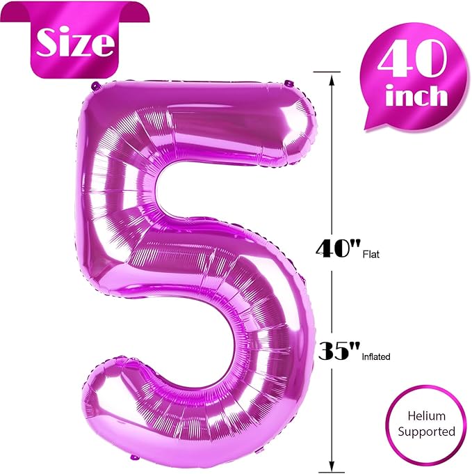 Rosy Purple Number 5 Balloon 40 Inch, 5 Balloon Number, 5th Birthday Decorations, Rosy Purple Party Supplies for Boys Girls