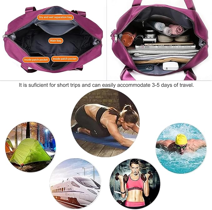 Large Capacity Folding Travel Bag, Lightweight Waterproof Luggage Bag, Expandable Travel Duffel Bag, Dry Wet Separated Gym Tote Bag, Weekender Overnight Bags for Women and Man (Fuchsia)