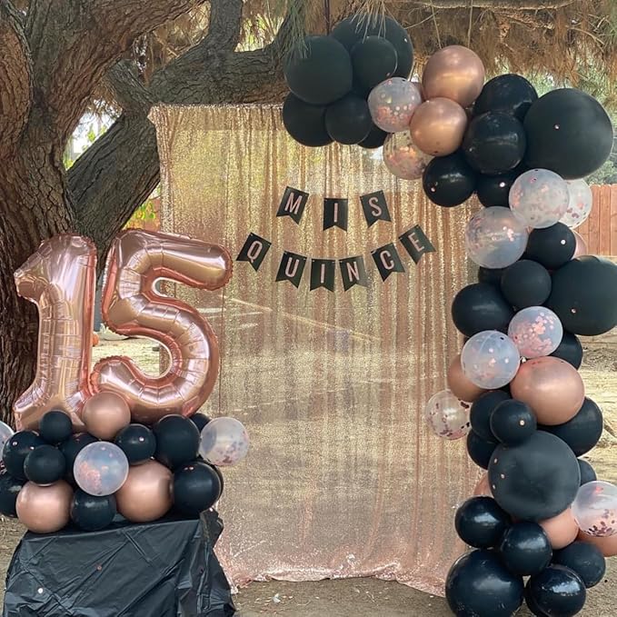 Rose Gold and Black Balloon Arch Kit, Metallic Rose Gold and Black Balloon Garland Kit with Different Sizes 18/12/10/5 inch Balloons for Graduation Birthday Wedding Anniversary Party Decorations
