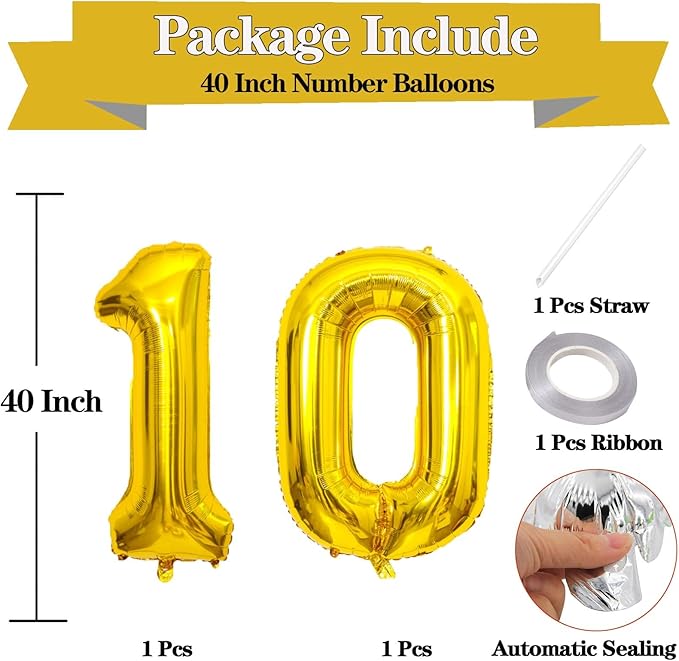 Large Gold 10 Number Balloons, 40 Inch Jumbo Number 10 Balloon, Gold Foil Mylar Balloons for Girl Sweet 10th Birthday Party, Anniversary Decorations