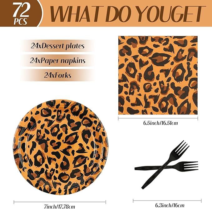 72PCS Leopard Birthday Plates Napkins Set, Leopard Cake Plates with Forks Cheetah Print Disposable Party Supplies Tableware for Birthday, Baby Shower, Jungle Party Decorations