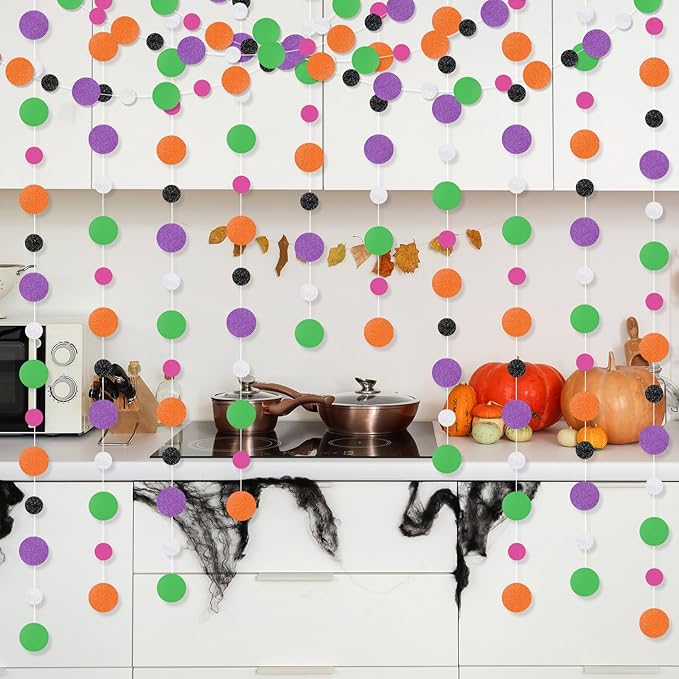Outus 5 Pieces Orange,Black,Purple,Green,White Round Dots Garland Easter Graduation Party Hanging Decor Each Length 13.1ft Glitter Paper Dot Streamers for Birthday Wedding Classroom