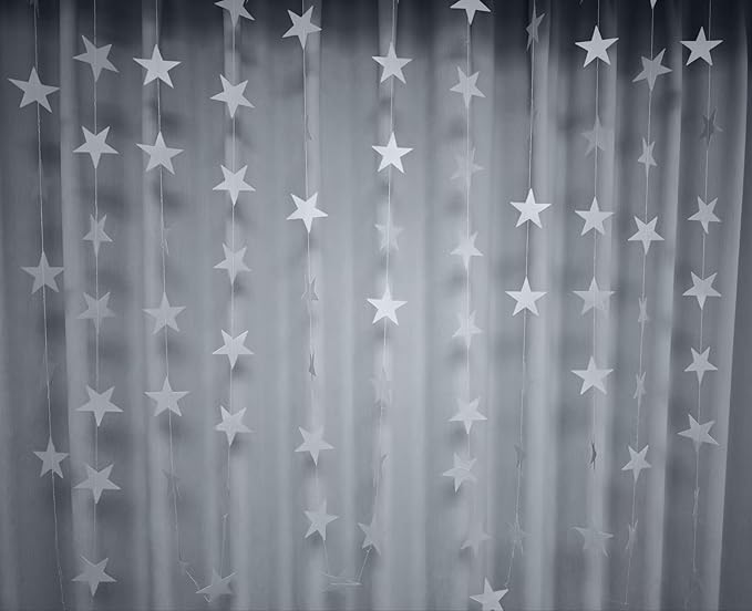 Silver Glitter Star Garland Hanging Decorations, Streamer Bunting Banner Decorations,65 Feet, Twinkle Star Backdrop for Graduation, Birthday, Wedding, Christmas Party, New Year (Silver)