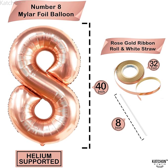 KatchOn Rose Gold 8 Balloon - 40 Inch Mylar Eight Balloon for 8th Birthday Decorations