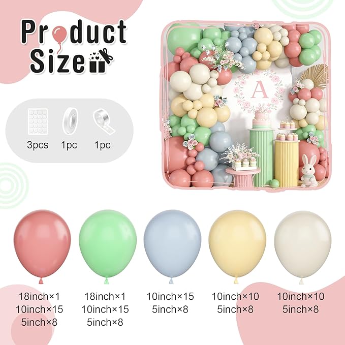 Pastel Balloon Arch Kit, Easter Balloons Garland with Dusty Pink Sage Green Ivory White Yellow Blue Balloons for Boho Baby Shower Flower Fairy Wedding Spring Birthday Easter Party Decorations