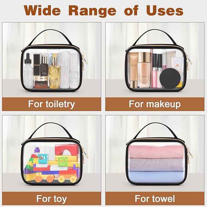 Wedama TSA Approved Toiletry Bag, 3 Pack Clear Makeup Bags with Handles, Quart Size Clear Toiletry Bags, PVC Cosmetic Bags for Women and Men, Carry on Airport Airline Compliant Bag, Black